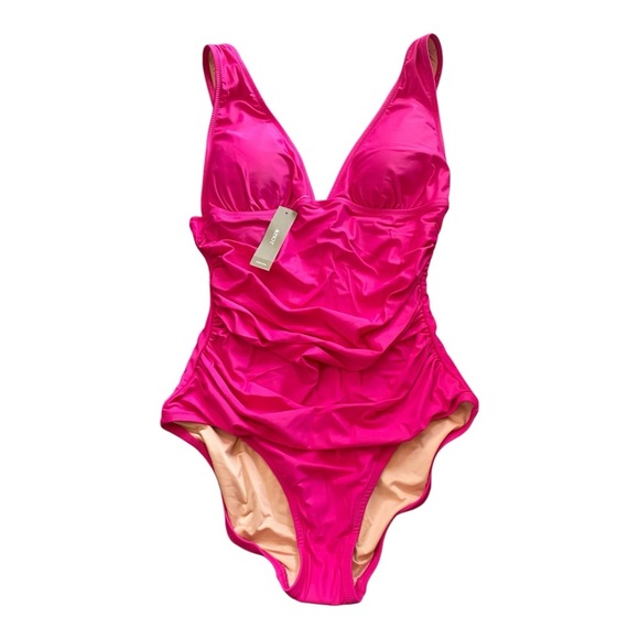 J Crew Fuchsia Hot Pink Ruched V Neck One Piece Swimsuit Bathing Suit NEW - Picture 11 of 11